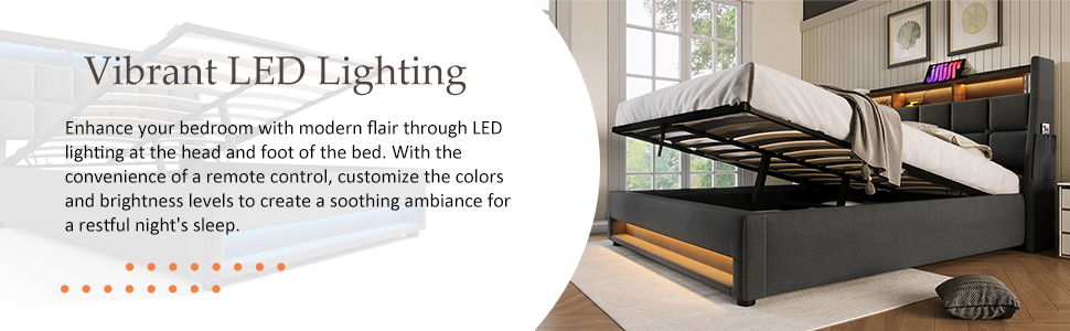 Full Size Upholstered Platform Bed With A Hydraulic Storage System, LED And USB Charging (Without Mattress) - Gray