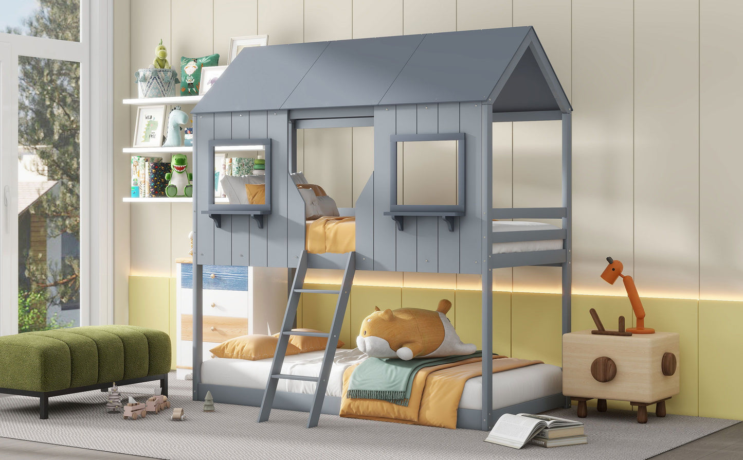 Twin Over Twin Bunk Bed With Roof, Window, Guardrail, Ladder - Gray