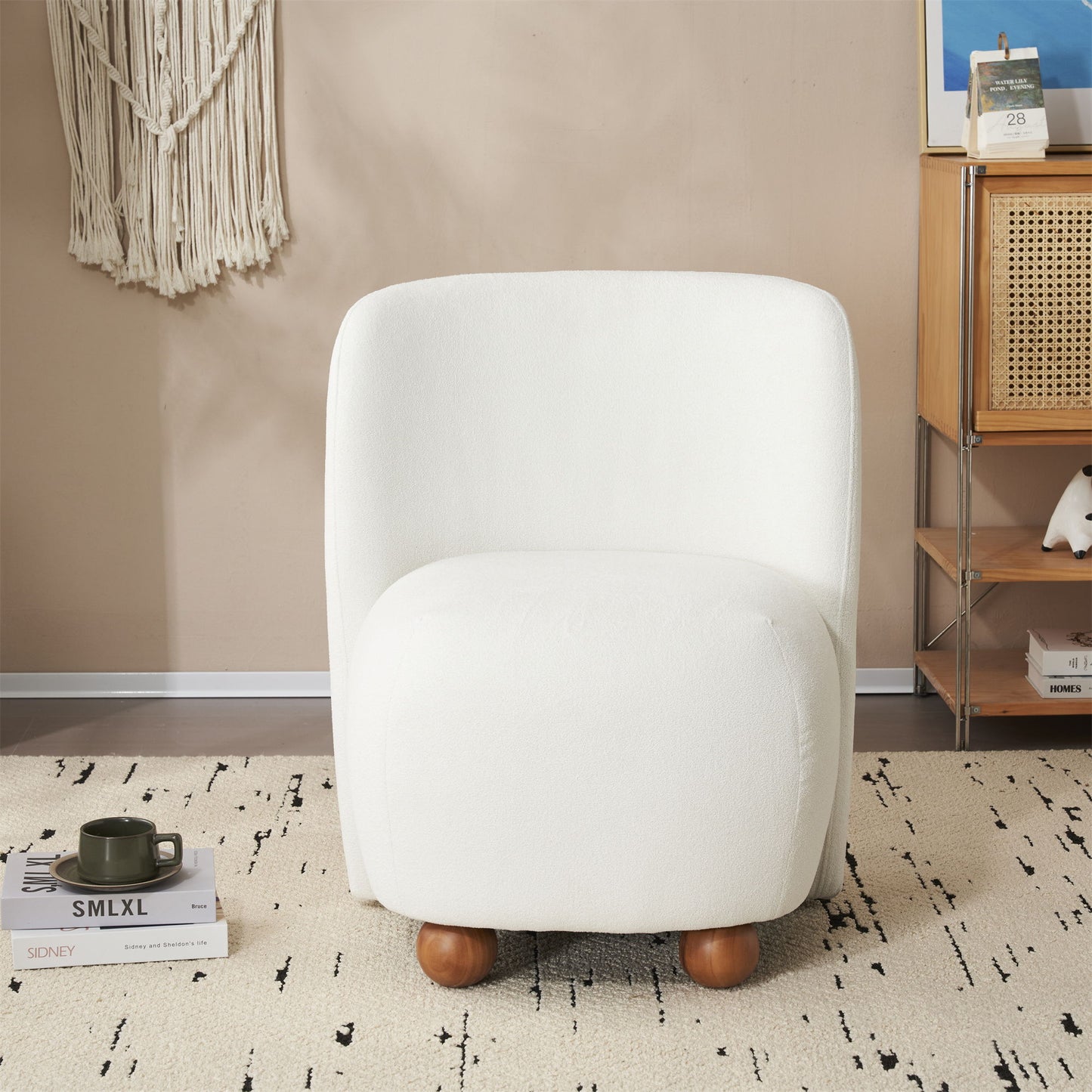 Modern Low Back Accent Chair, Upholstered Armless Living Room Chairs, Round Pine Wood Feet, For Small Living Spaces, Living Room - White