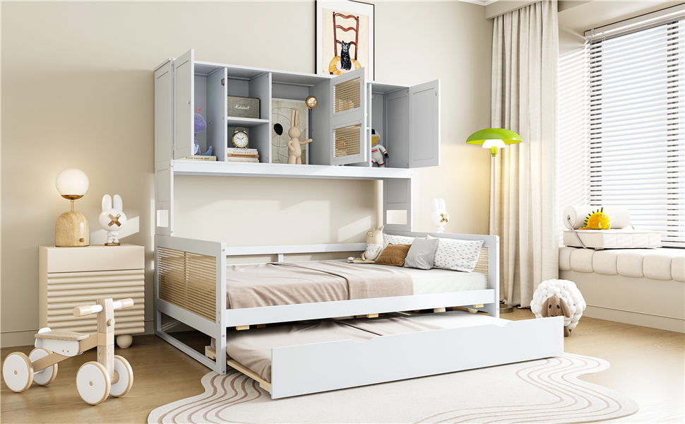 Full Size Wooden Daybed & Twin Size Trundle, And All In One Cabinet And Shelf - White