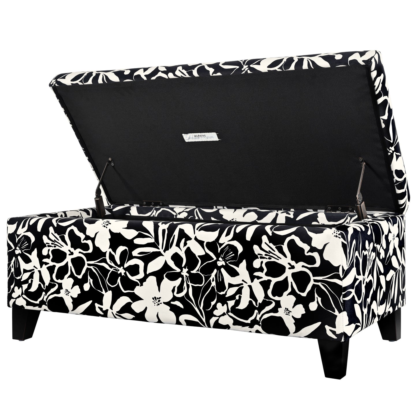 Luxury Storage Ottoman With Floral Patterned Fabric, Soft Close Hinges, Multi Functional Footrest & Seat - Black Floral / White