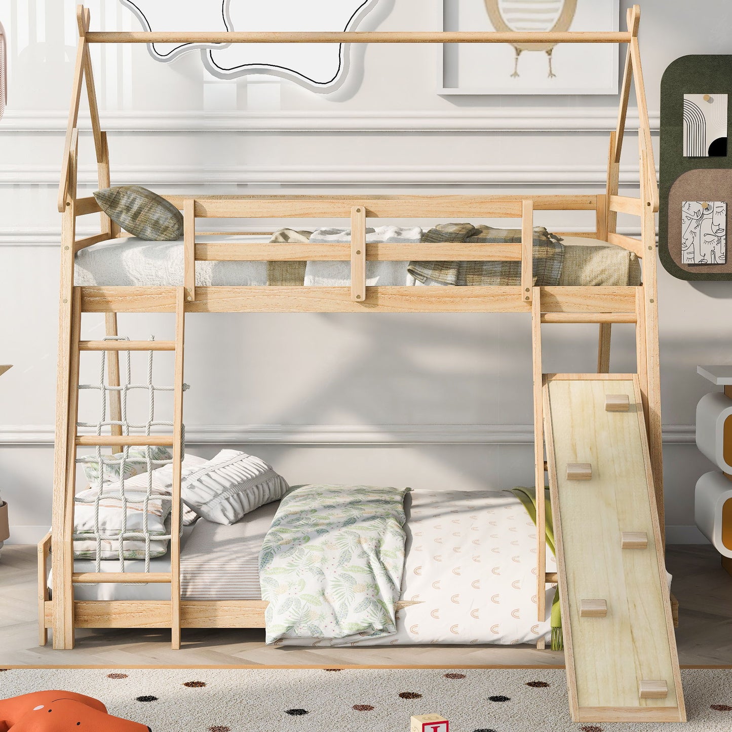 Twin Over Queen House Bunk Bed With Climbing Nets And Climbing Ramp - Natural