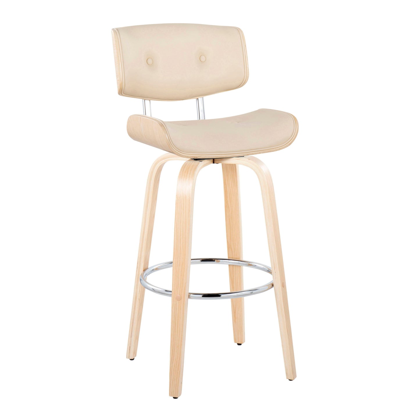 Lombardi - Mid-Century Modern Fixed Height Barstool With Swivel With Round Footrest (Set of 2) - Natural / Cream