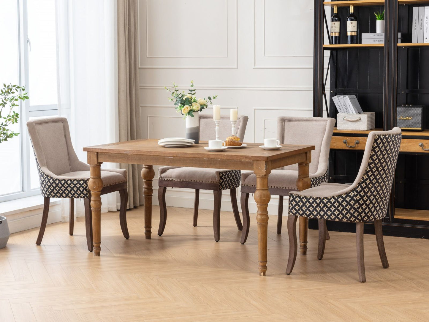 Ultra Side Dining Chair, Thickened Fabric Chairs With Neutrally Toned Solid Wood Legs, Bronze Nail Head, (Set of 2) - Beige / Patterned