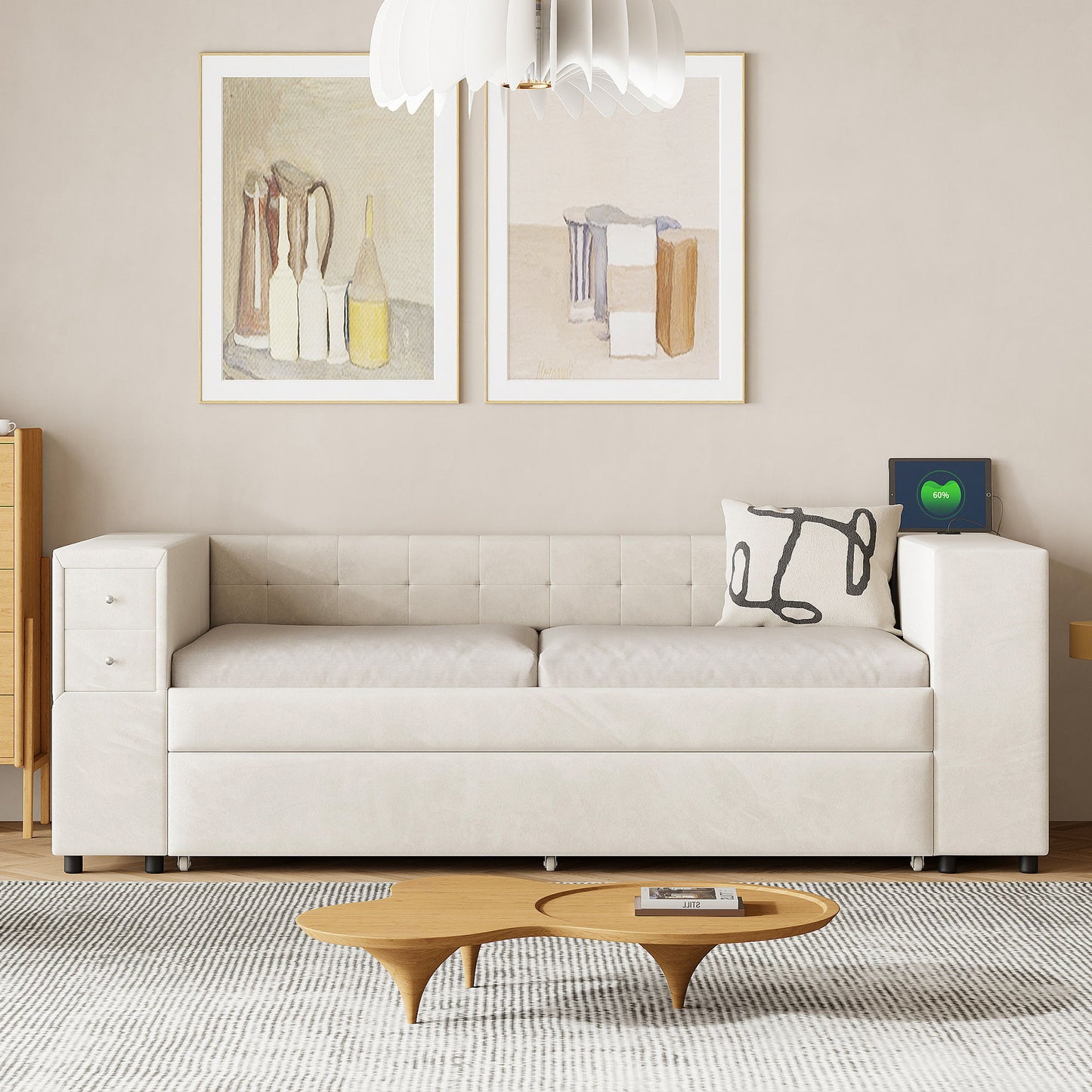 Twin Upholstered Bed With Storage And Twin Trundle, USB Charging Ports - Beige