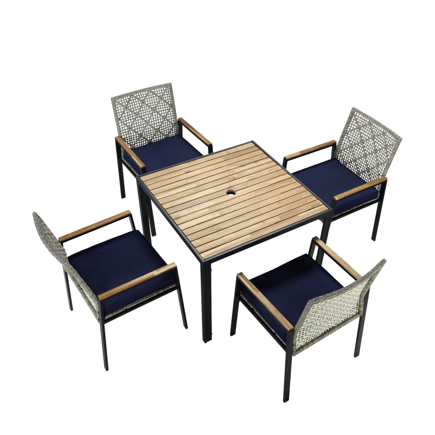 All Weather 5 Piece Patio Dining Table Sets With Acacia Wood Top And Umbrella Hole, Rattan Outdoor - Light Gray