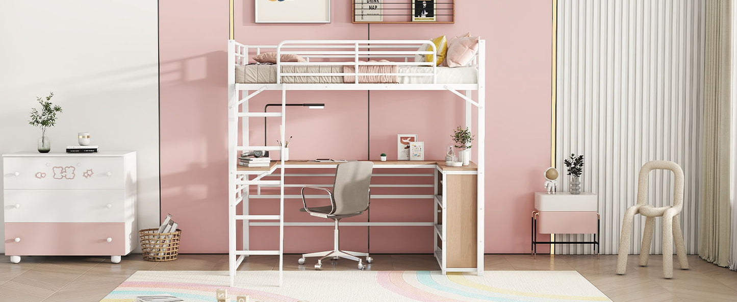 Twin Size Loft Bed With 3 Layers Of Shelves And L-Shaped Desk - White