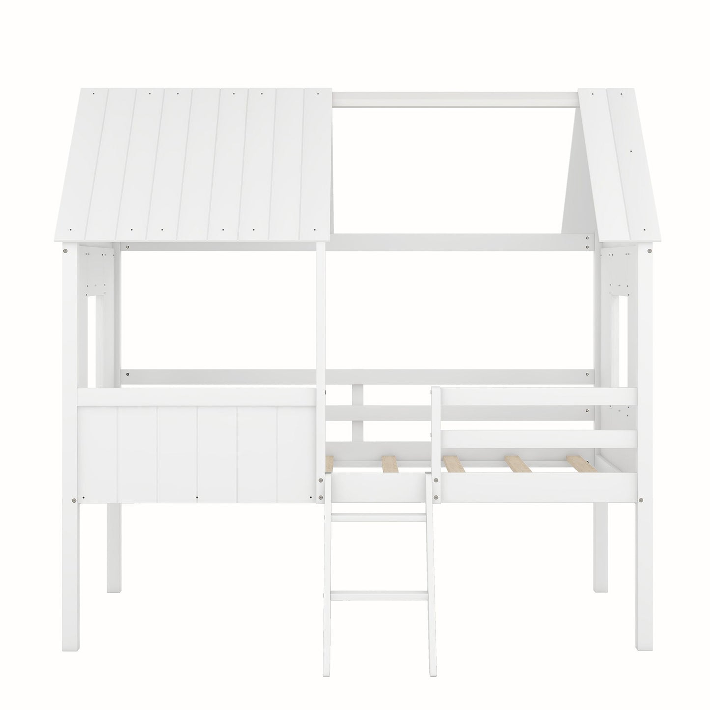 Twin Size Low Loft House Bed With Two Side Windows - White