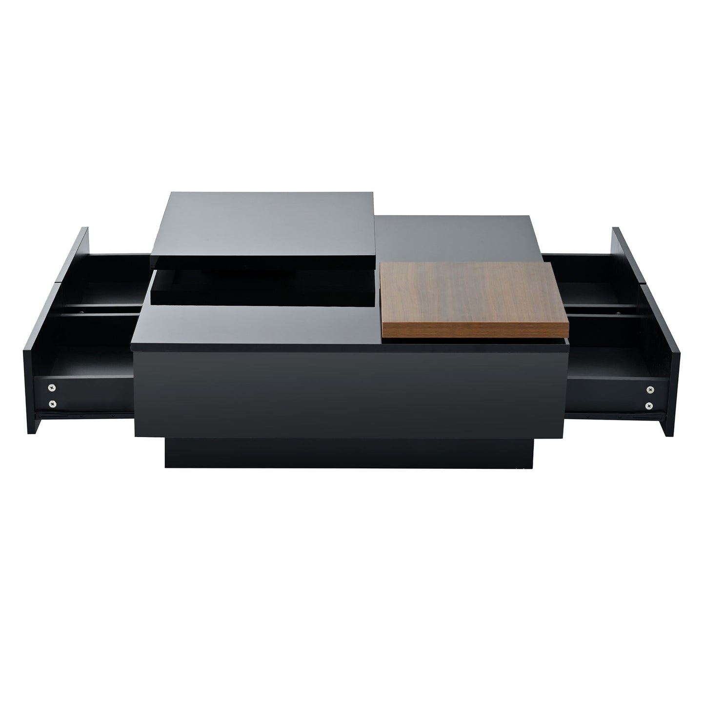 Movable Top Coffee Table, Modern Square Wood Coffee Table With High Gloss Finish, 4 Hidden Storage Drawers For Living Room - Black