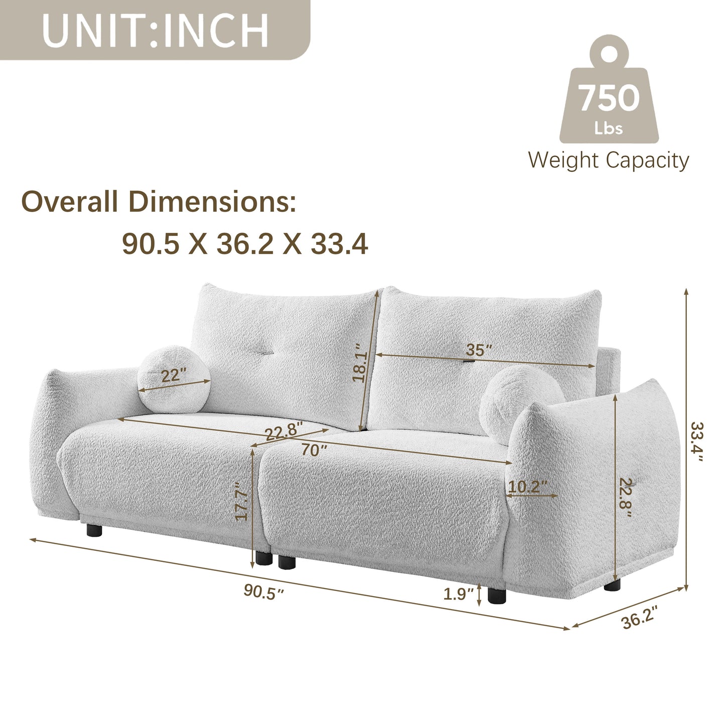 Lamb's Wool 2 Seater Cushion Sofa Comfortable Sofa For Living Room Bedroom And Other Casual Spaces Lamb's Wool Sofa With 2 Cushions And 2 Ball Pillows - White