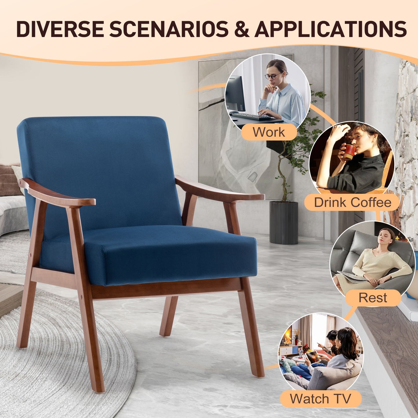 Mid Century Modern Wingback Accent Chair With Solid Wood Frame And Extra Thick Backrest - Lounge Chair For Living Room, Bedroom, Or Reading Room - Blue