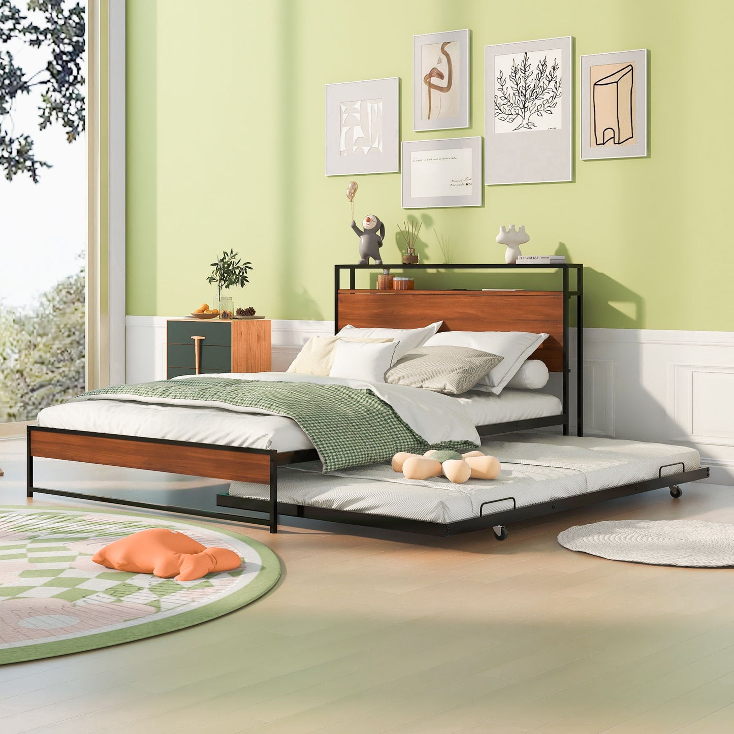 Full Size Platform Bed Frame With Trundle, USB Ports And Slat Support,No Box Spring Needed - Black