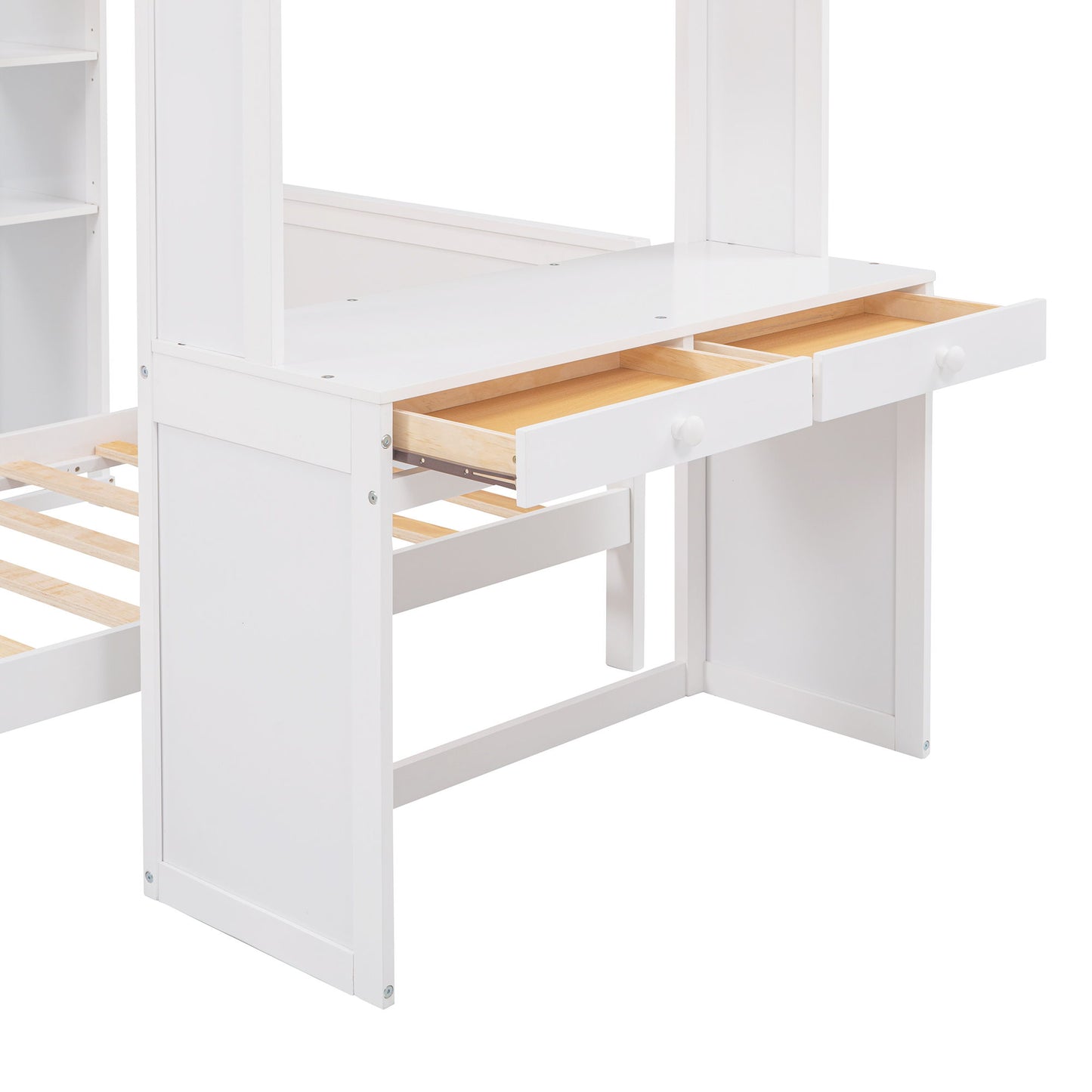 Twin Size Loft Bed With A Stand Alone Bed, Shelves, Desk, And Wardrobe - White
