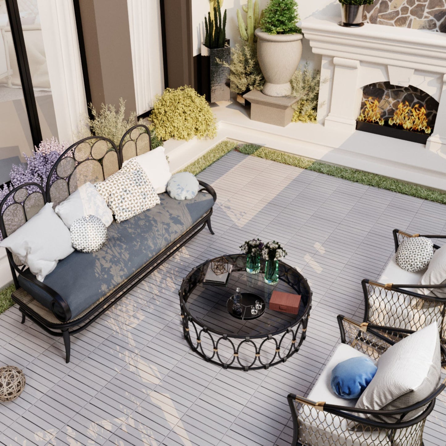 10 Piece Interlocking Deck Tiles Striped Pattern, Square Acacia Hardwood Outdoor Flooring For Patio, Bancony, Pool Side - Light Gray