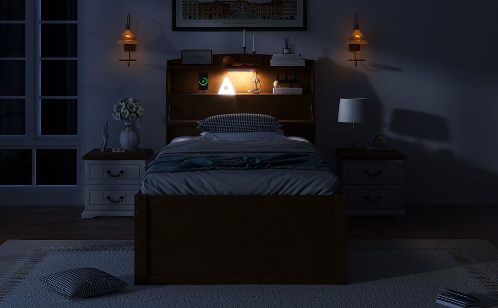 Twin Size LED Platform Bed With Trundle With Storage Headboard With Drawers - Brown