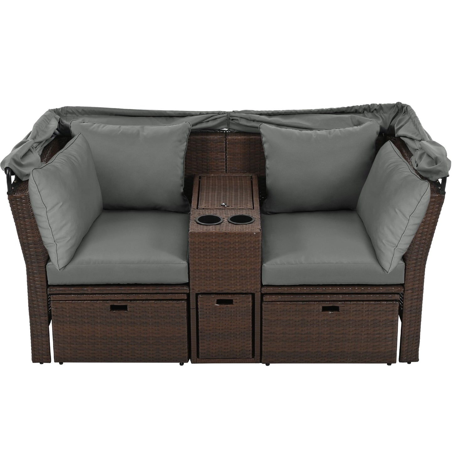 2 Seater Outdoor Patio Daybed Outdoor Double Daybed Outdoor Loveseat Sofa Set With Foldable Awning And Cushions For Garden, Balcony, Poolside - Gray