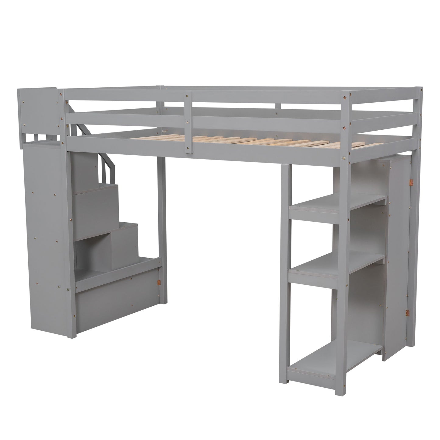 Twin Size Loft Bed With Storage Drawers And Stairs With Shelves - Gray