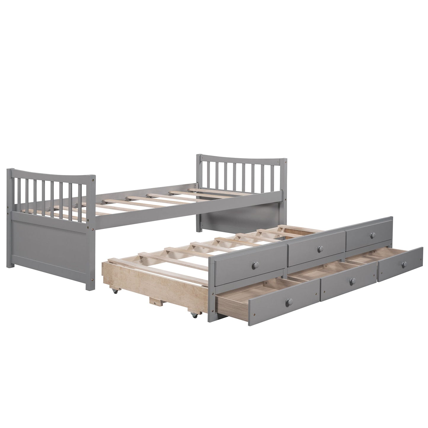 Twin Size Daybed With Trundle And Drawers - Gray