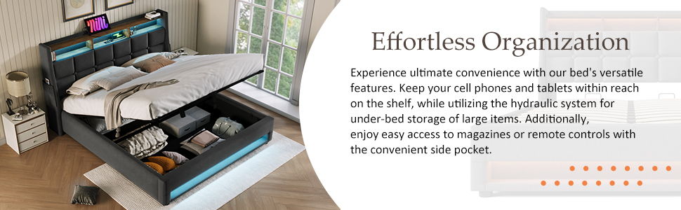 Full Size Upholstered Platform Bed With A Hydraulic Storage System, LED And USB Charging (Without Mattress) - Gray