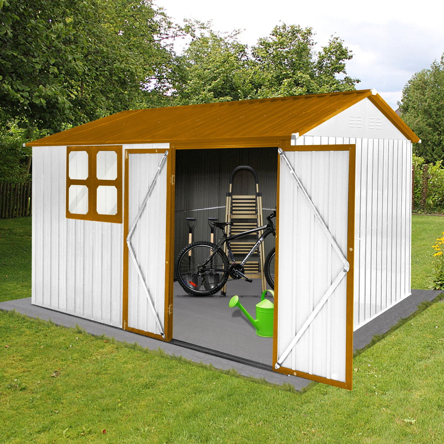 10'x8' Garden Sheds Outdoor Storage Sheds With Window - White / Yellow