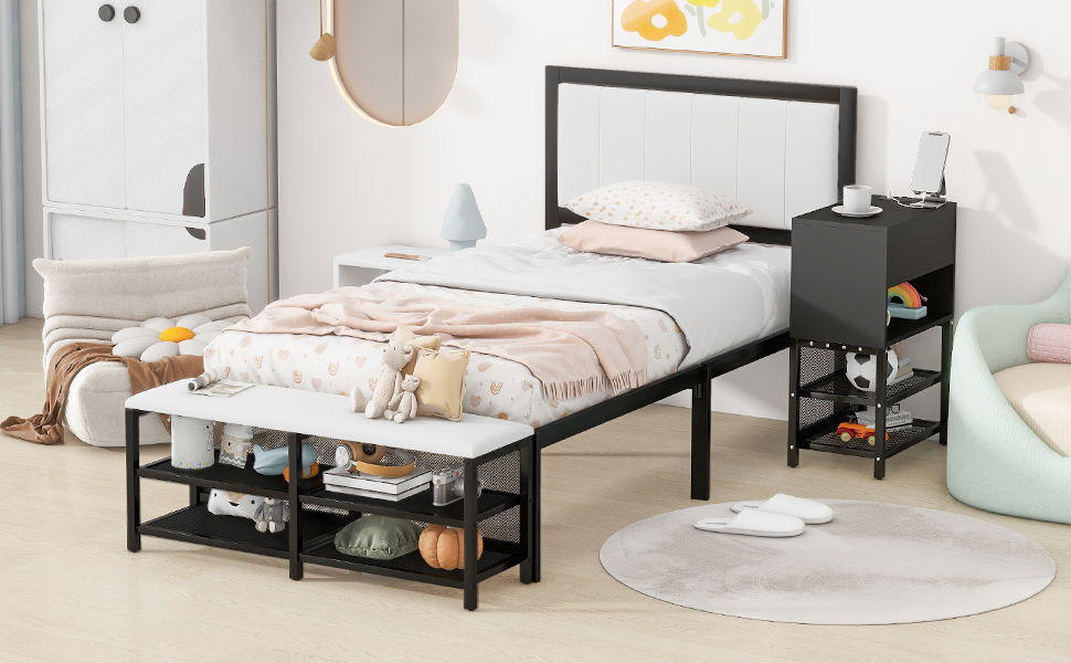 Twin Size Platform Bed With 2 Tier Storage Shelves, Storage Cabinet - Black