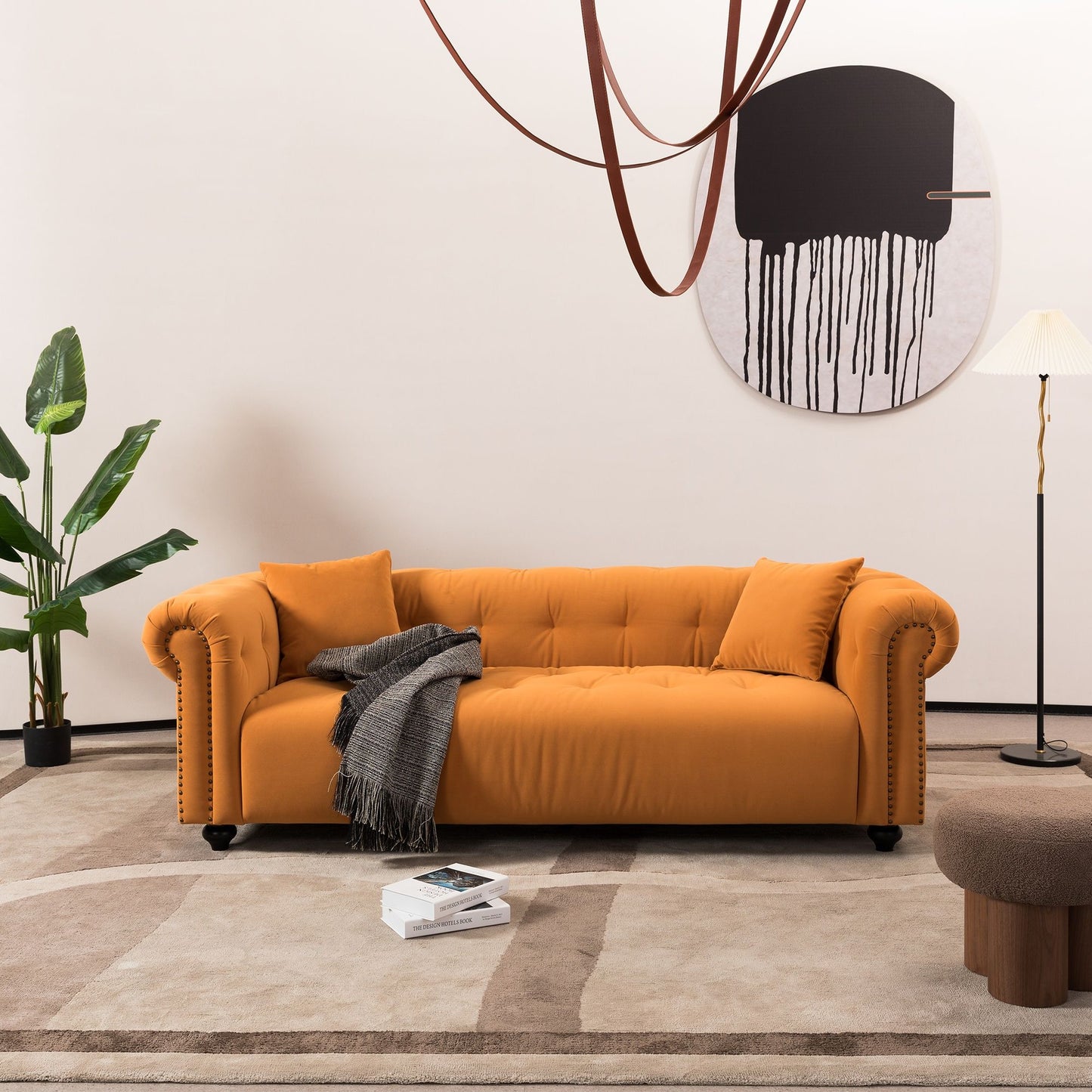 Retro Medieval Style Sofa With Roll Arms And Throw Pillows - Orange