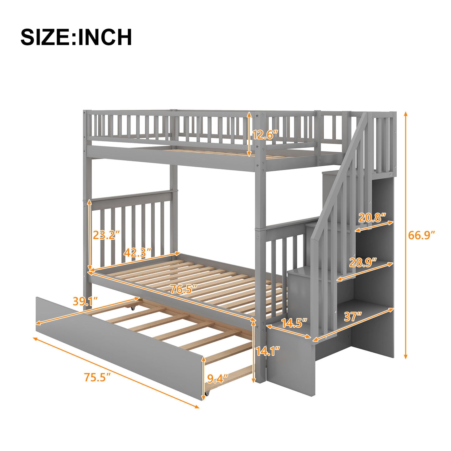 Twin Over Twin Bunk Bed With Trundle And Storage - Gray