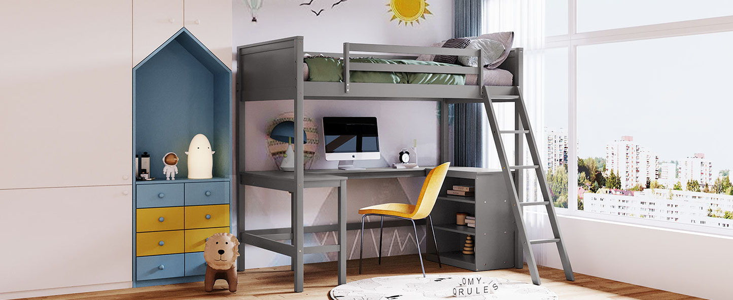 Twin Size Loft Bed With Shelves With Desk - Gray