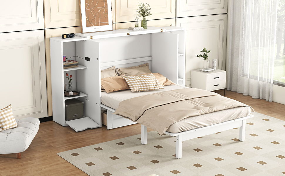 Queen Size Murphy Bed With Shelves, Drawers And USB Ports - White