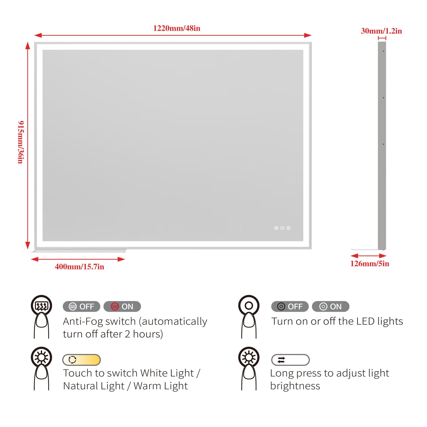 LED Bathroom Vanity Mirror Wall Mounted, Adjustable White / Warm / Natural Lights Anti-Fog Touch Switch With Memory Modern Smart Large Bathroom Mirrors - Silver