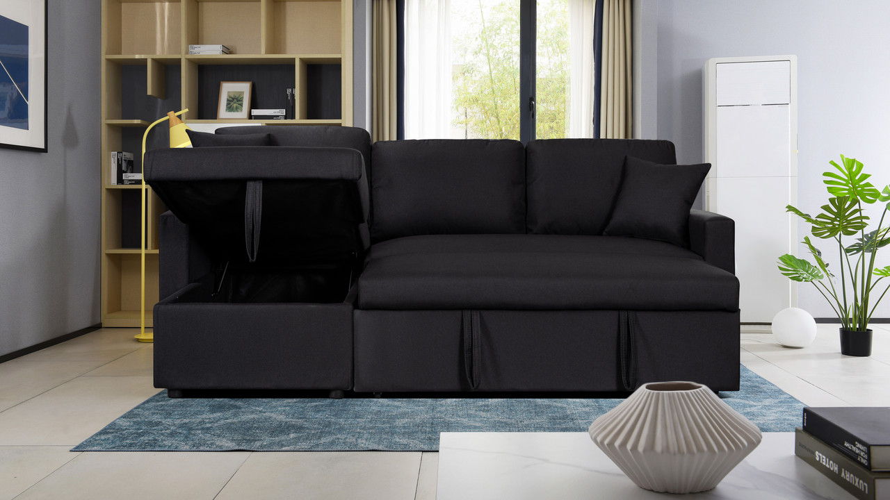Paisley - Linen Fabric Reversible Sleeper Sectional Sofa With Storage Chaise - Black