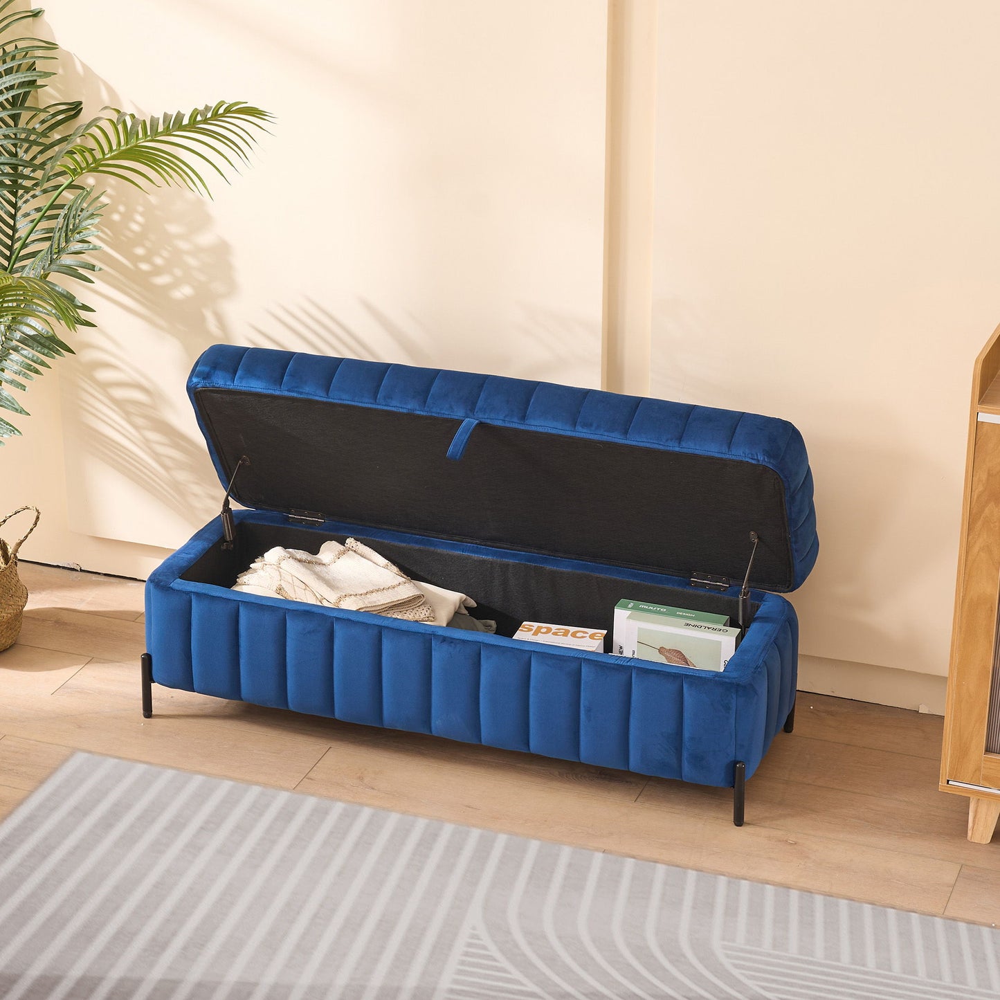 Wide Upholstered Velvet Storage Soft Bench Footstool Ottoman End Of Bed With Metal Legs, Foot Rest For Living Room, Entryway And Bedroom - Black / Navy