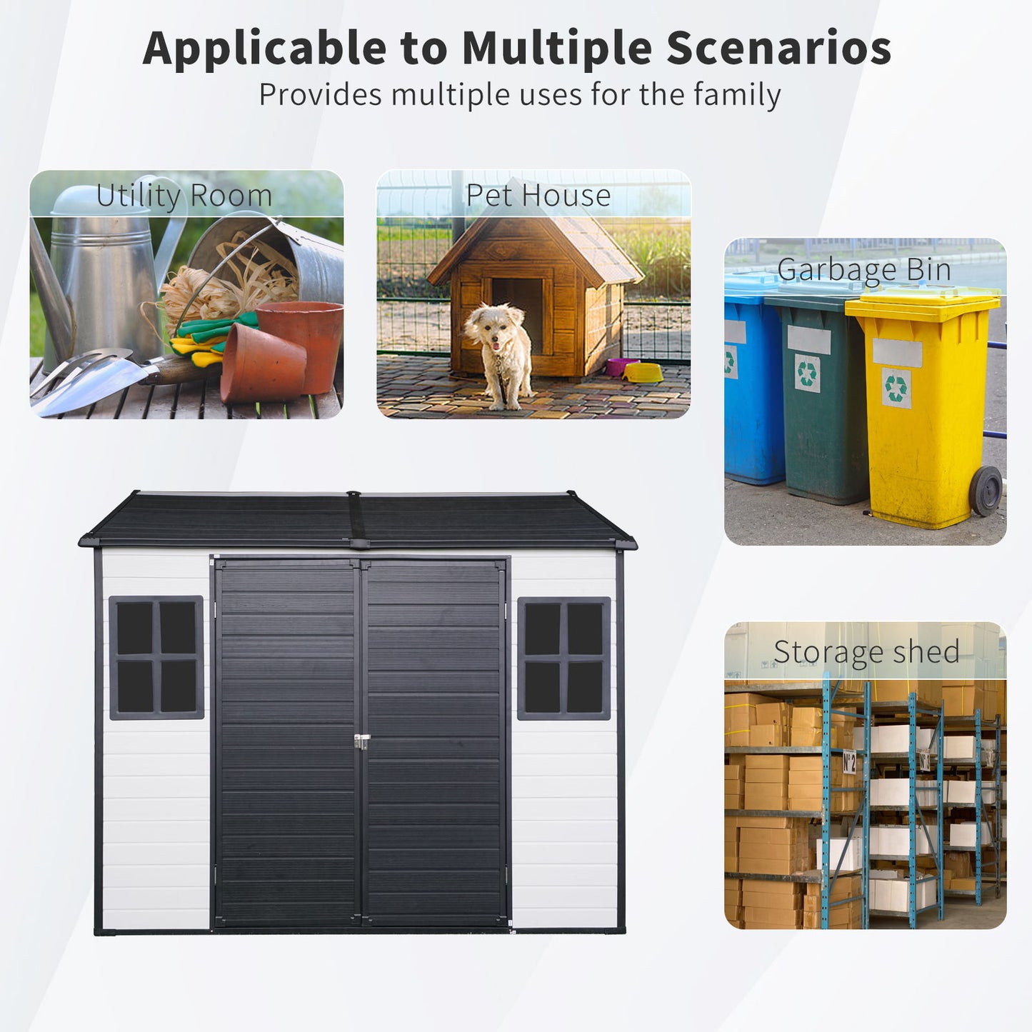 8 X 6 Ft Resin Outdoor Storage Shed Waterproof Shed With Floor & Two Windows & Lockable Door, Tool Shed For Garden, Patio, Backyard - Gray / White