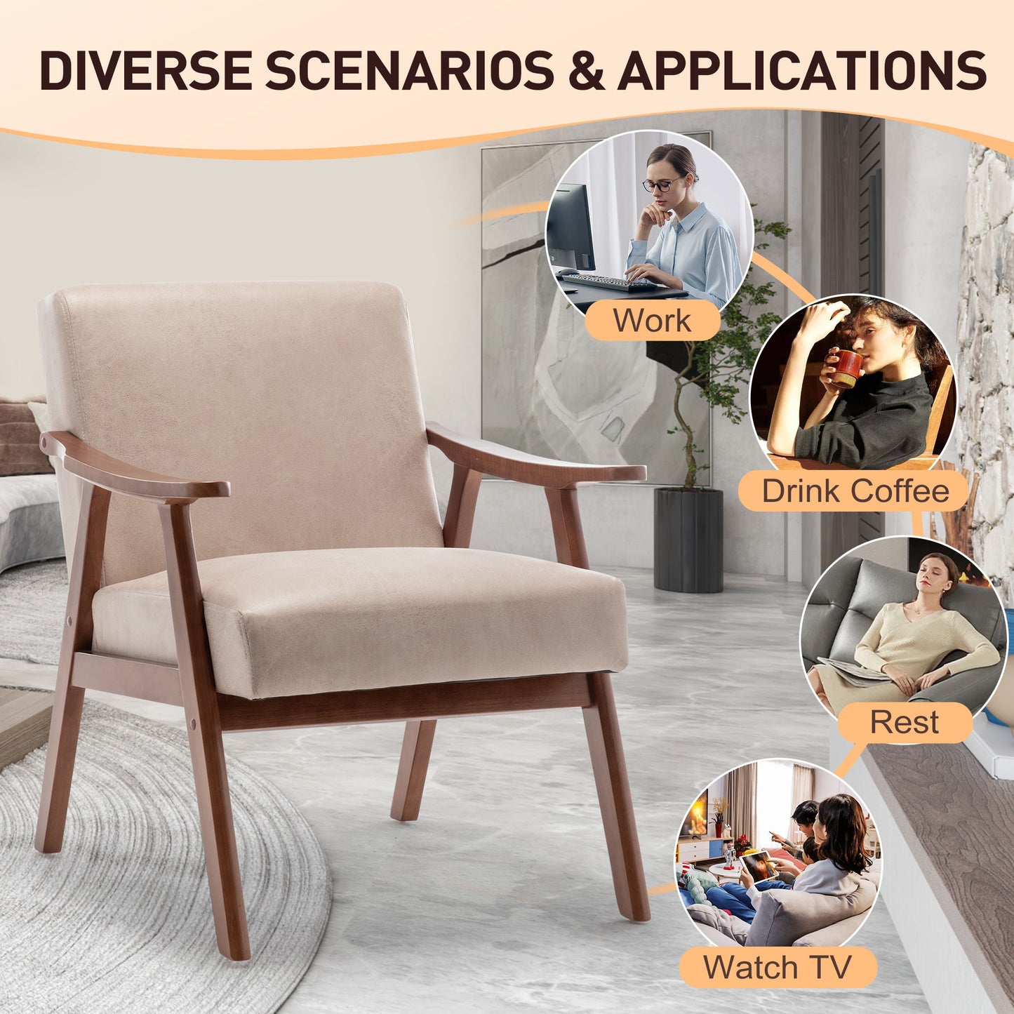 Mid Century Modern Wingback Accent Chair With Solid Wood Frame And Extra Thick Backrest - Lounge Chair For Living Room, Bedroom, Or Reading Room - Light Camel