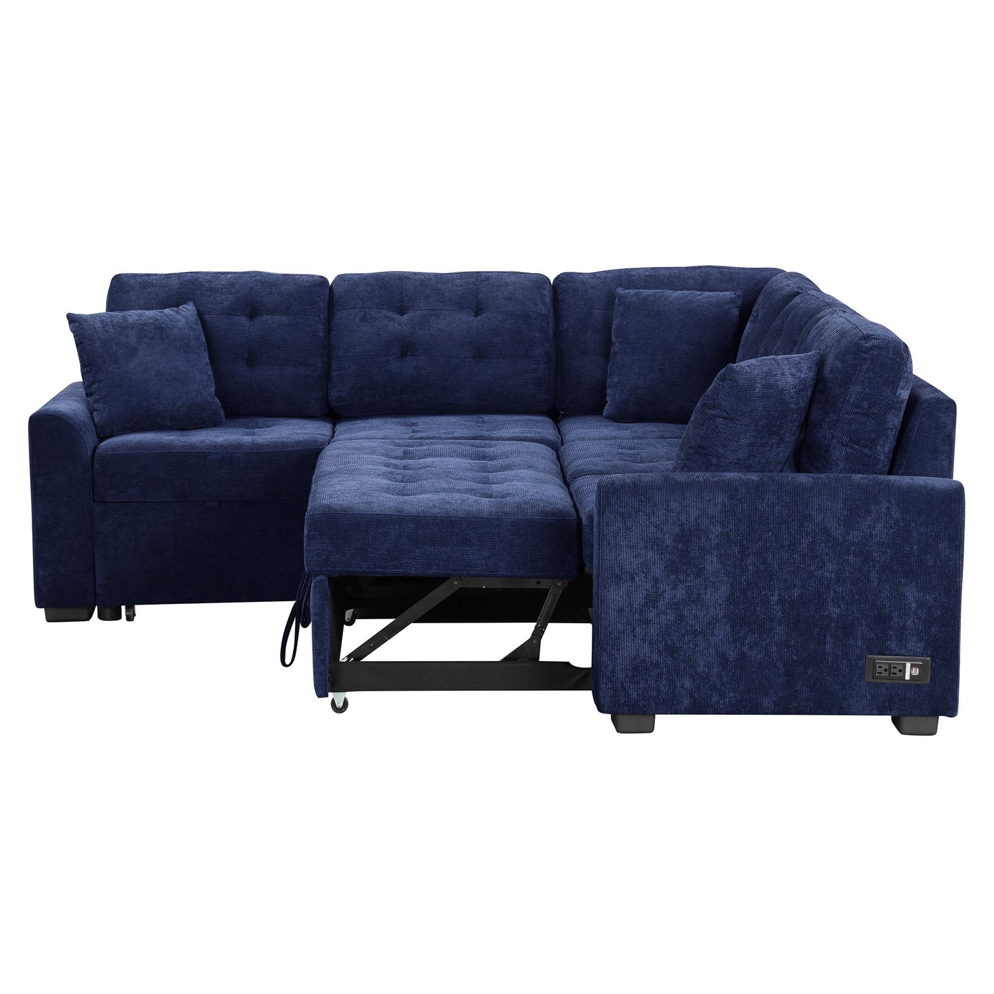 L-Shape Sofa Bed Pull-Out Sleeper Sofa With Wheels, USB Ports, Power Sockets For Living Room - Navy Blue