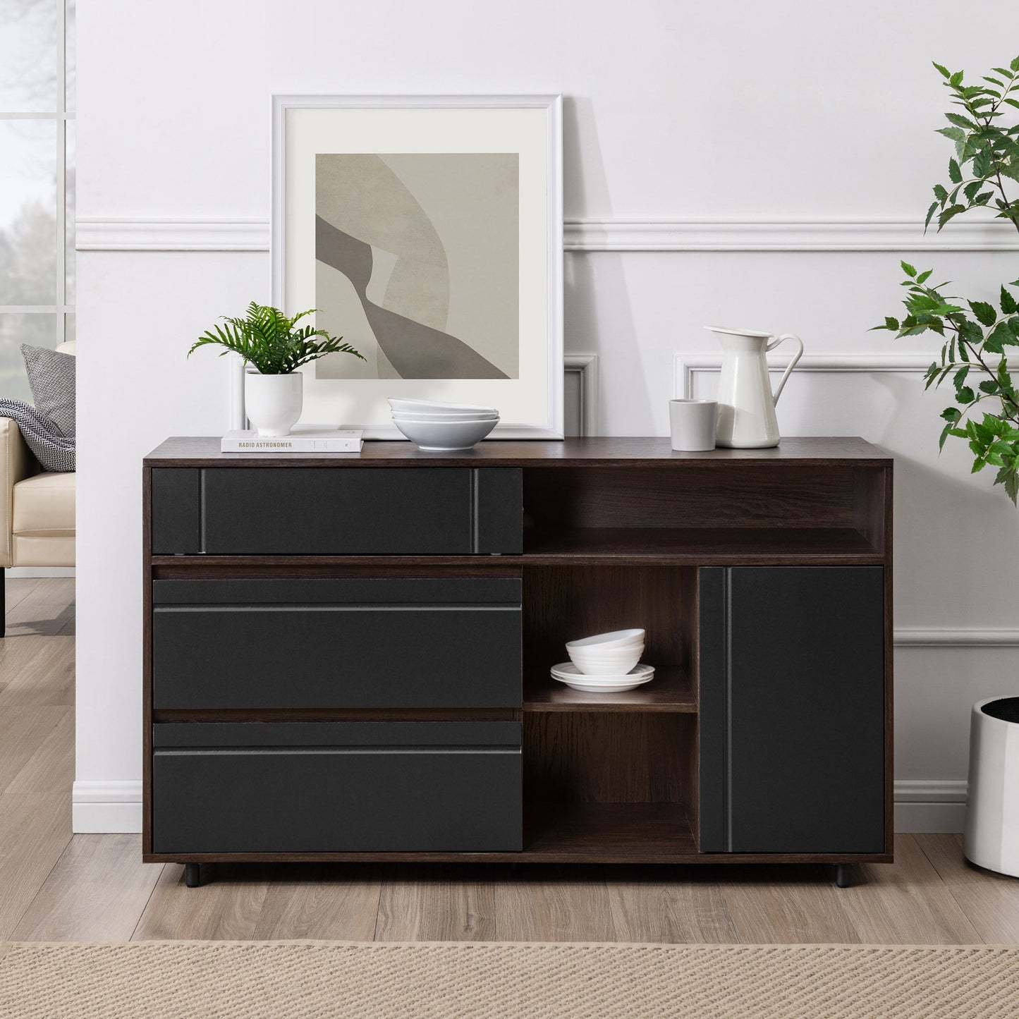 Contemporary Detailed Door Sideboard With Open Storage - Dark Espresso / Solid Black