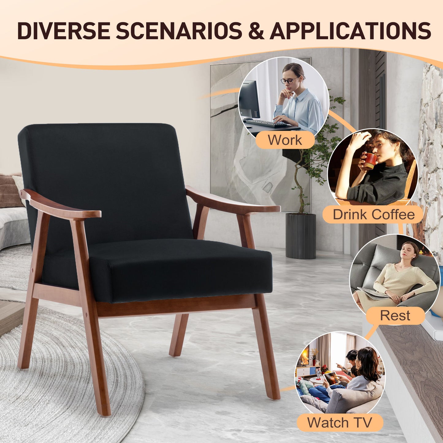 Mid Century Modern Wingback Accent Chair With Solid Wood Frame And Extra Thick Backrest - Lounge Chair For Living Room, Bedroom - Black