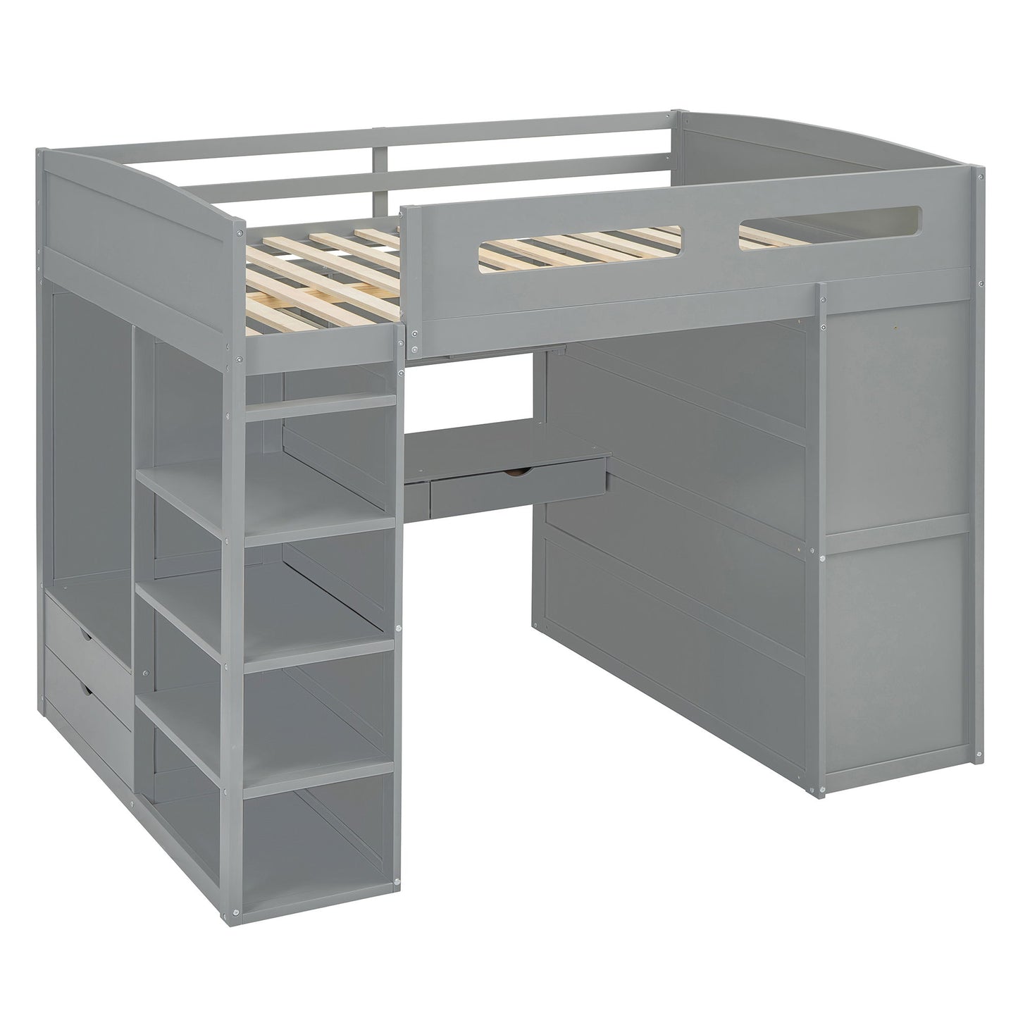 Full Size Loft Bed With Desk, Wardrobes, 4 Drawers And 4 Shelves - Gray