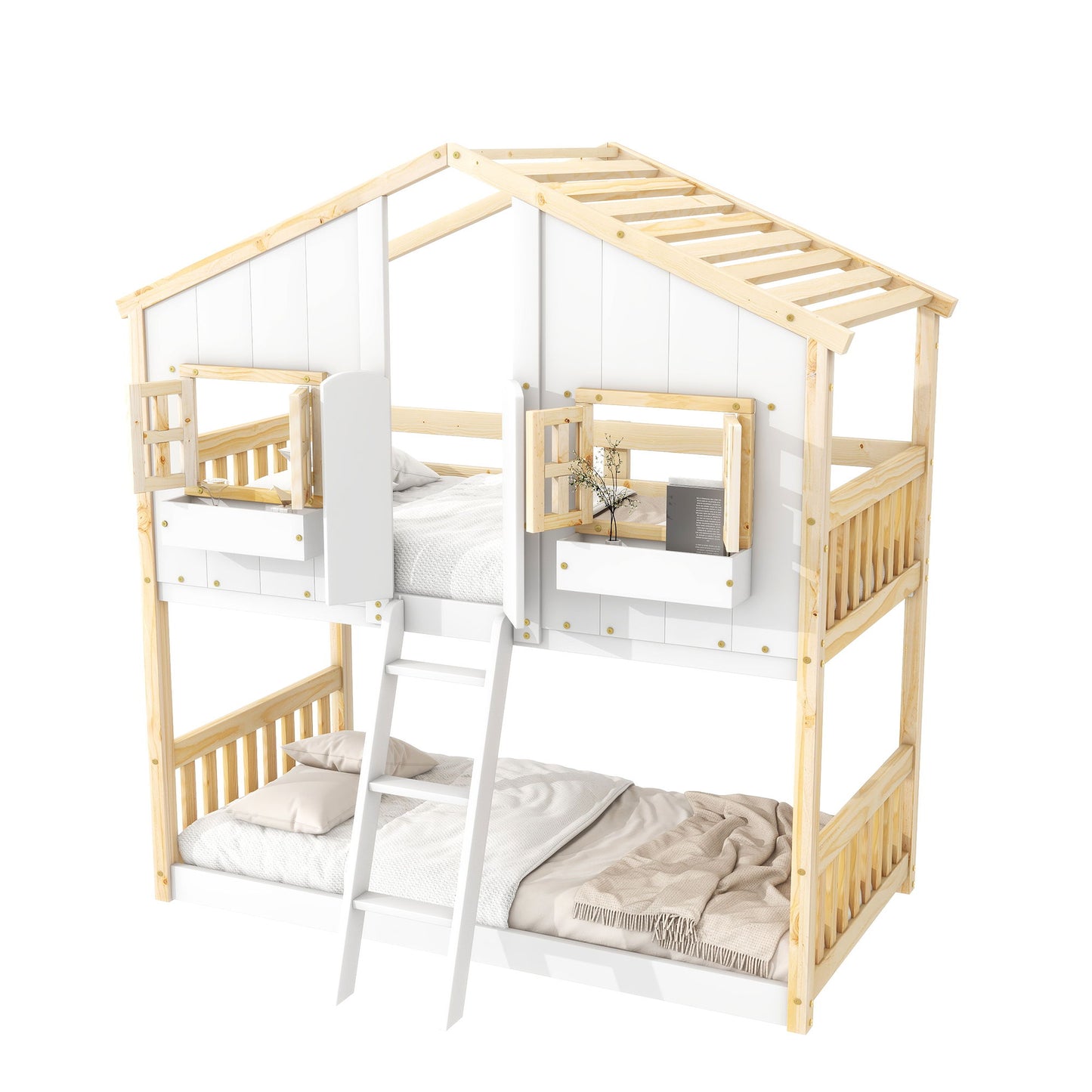 Twin Over Twin House Bunk Bed With Roof, Window, Window Box, Door, With Safety Guardrails And Ladder - Natural / White