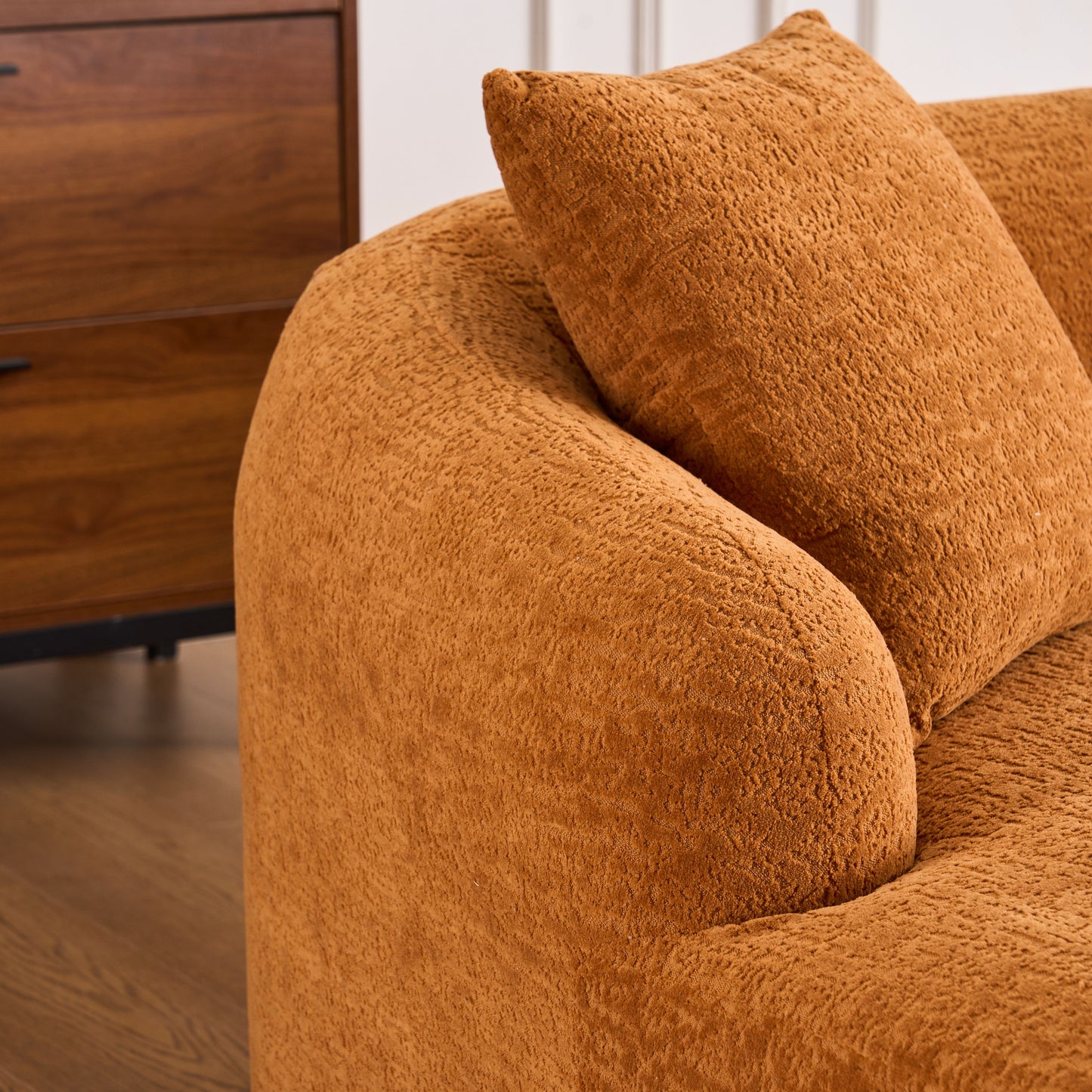 Compression Sofa: Combining Chaise Longue With 3 Seater, Wood Grain Chenille Fabric, Full Sponge Compression Sofa, Combined Sofa With 4 Pillows For Living / Home Furniture / Apartment - Orange