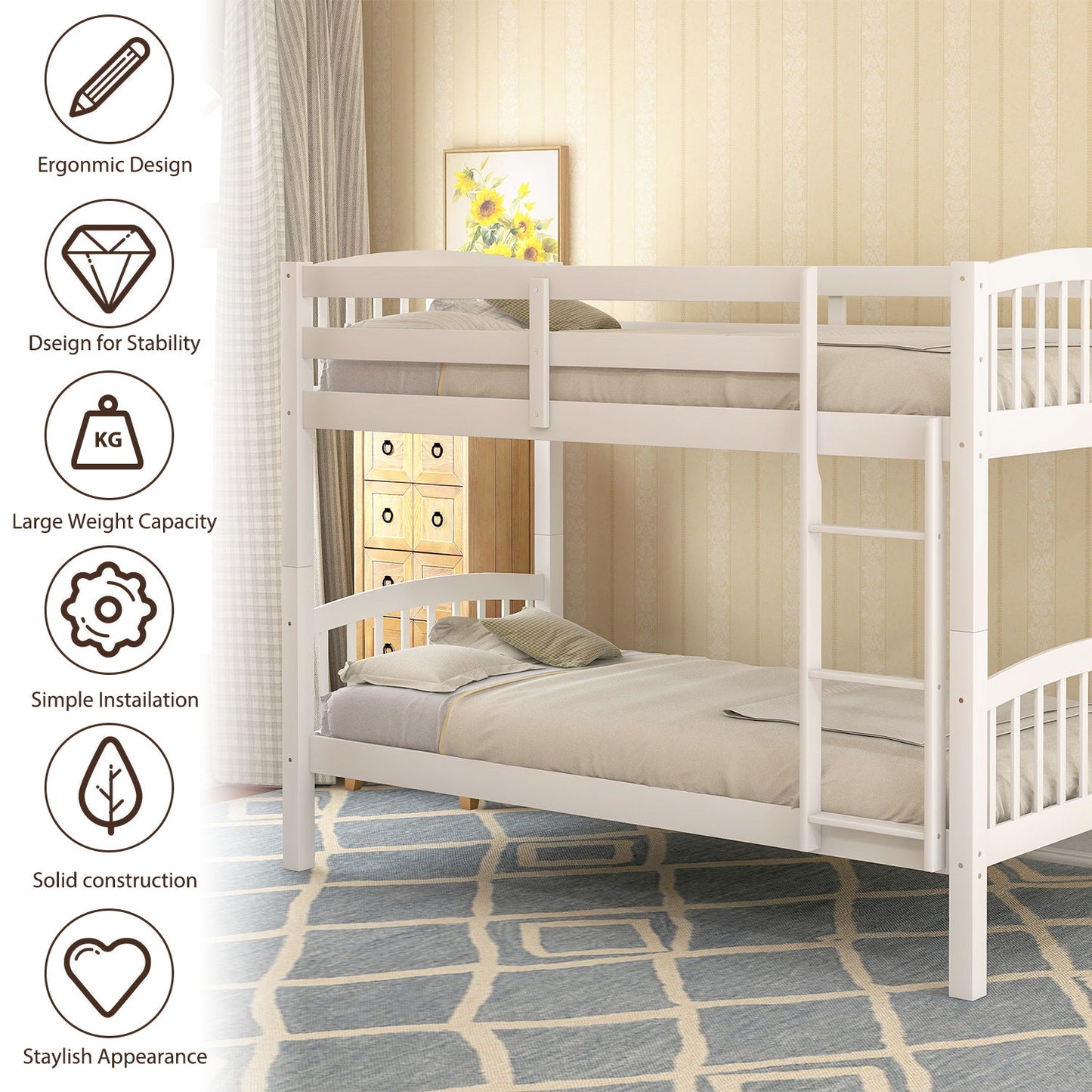 Twin Over Twin Bunk Bed & Ladder - White