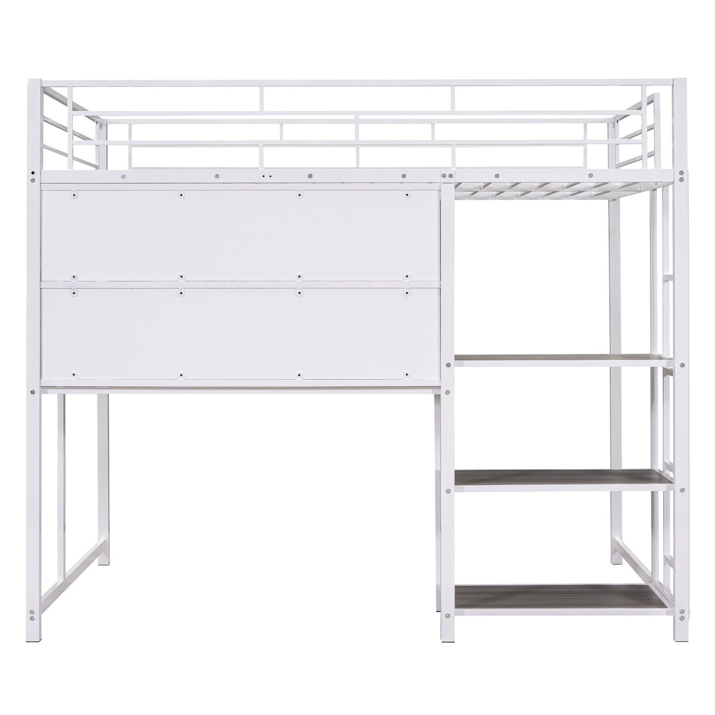 Full Size Loft Bed With Desk And Whiteboard, Loft Bed With 3 Shelves And Ladder - White