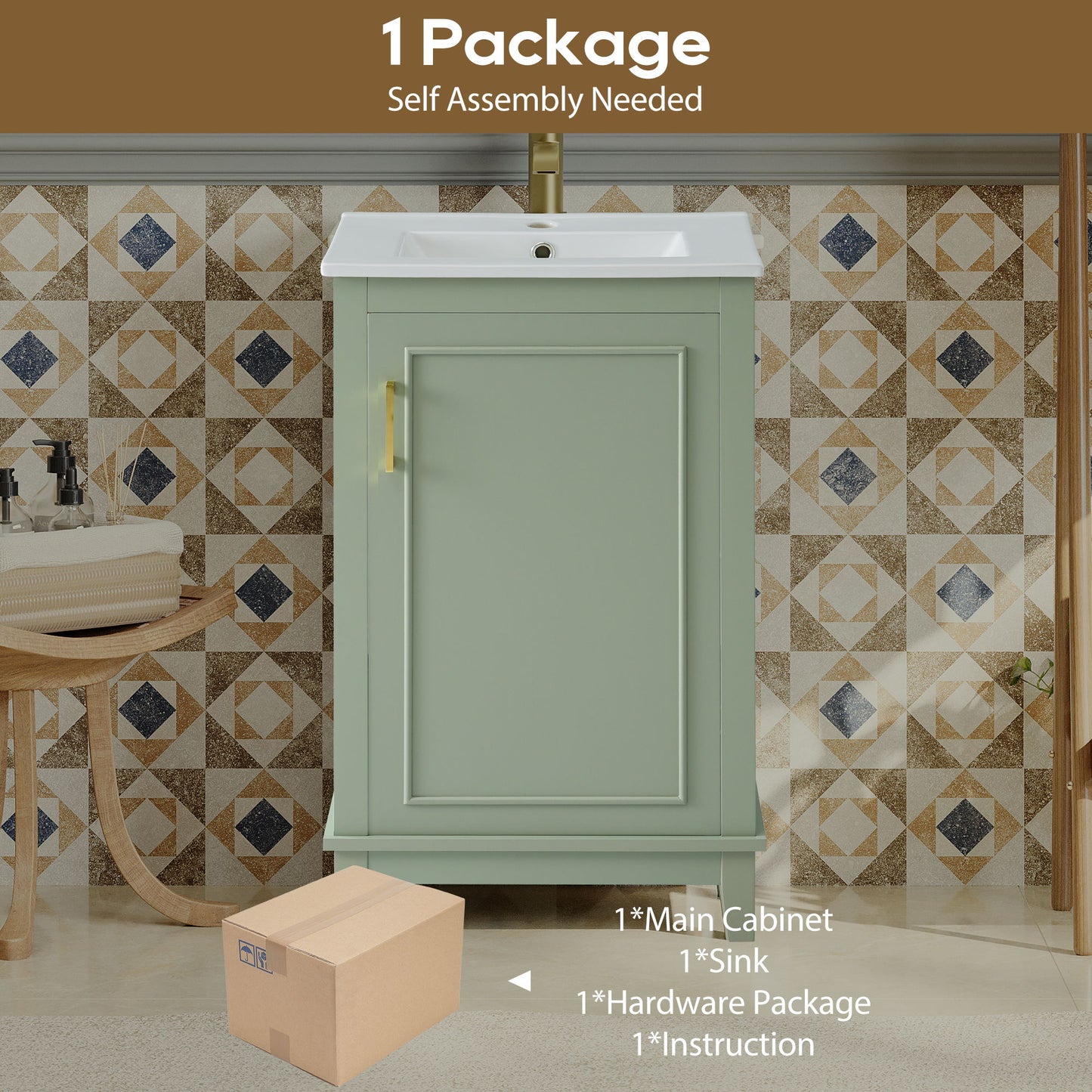 Modern Small Bathroom Vanity Cabinet With Ceramic Basin, Ample Storage, 1 Soft Close Door - Green