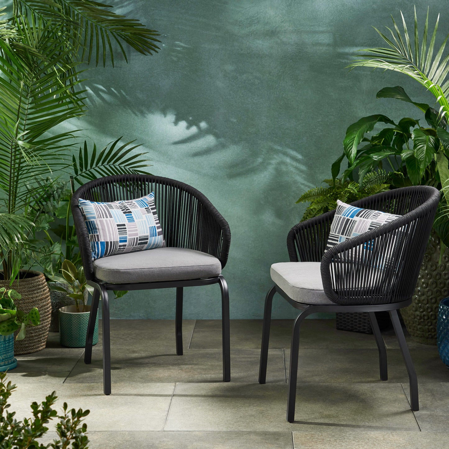 Outdoor Accent Chair With Rope Weave And Metal Frame (Set of 2) - Gray