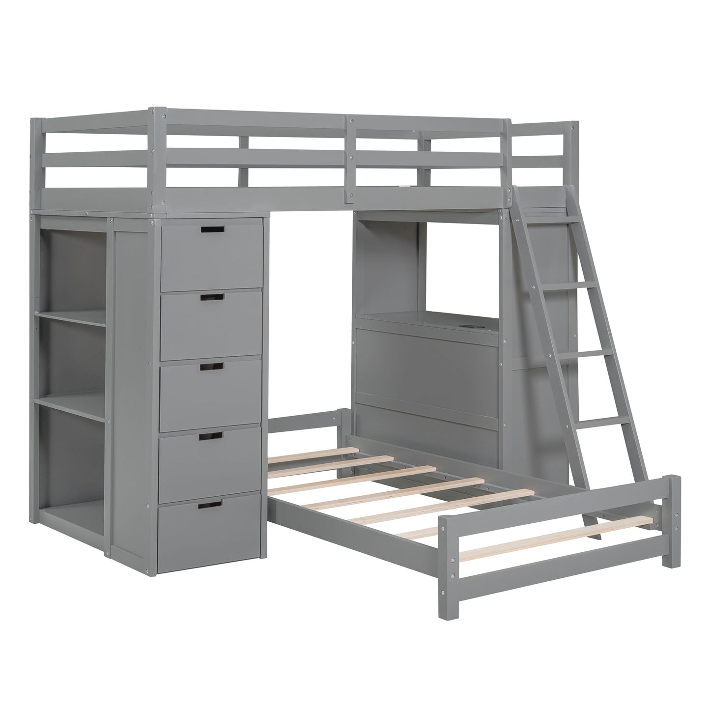 Twin Over Twin Bunk Bed With LED Light And USB Ports - Gray