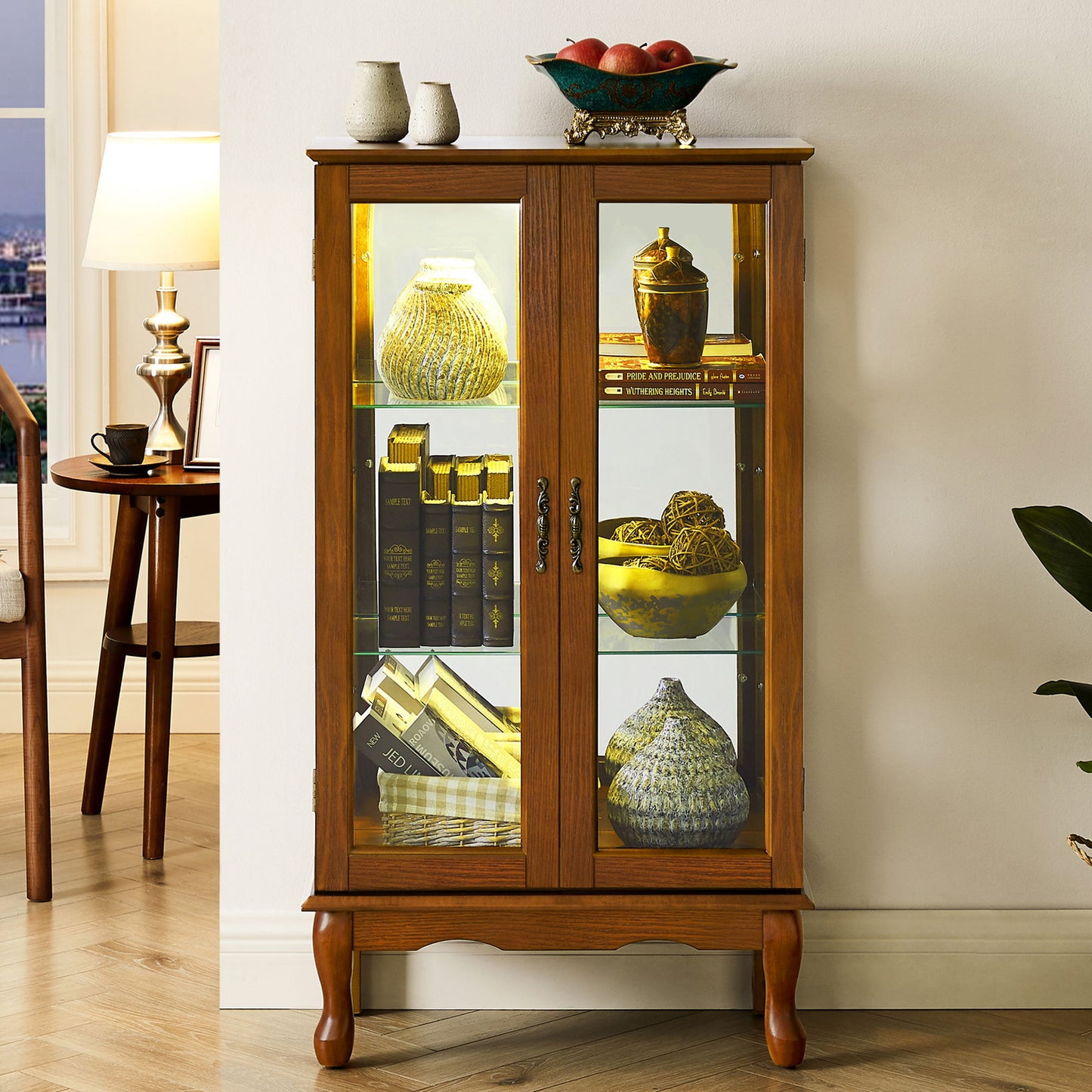 Curio Cabinet Lighted Curio Diapaly Cabinet With Adjustable Shelves And Mirrored Back Panel, Tempered Glass Doors (3 Tier), (E26 Light Bulb Not Included) - Oak