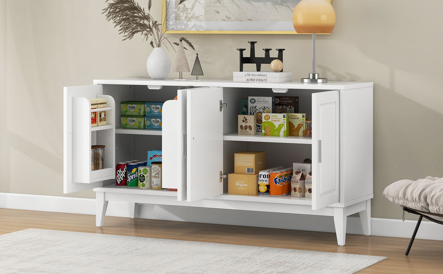4 Door Sideboard Storage Cabinet With Door Shelf For Living Room And Dining Room, 2 Large Cabinets With Adjustable Shelf - White