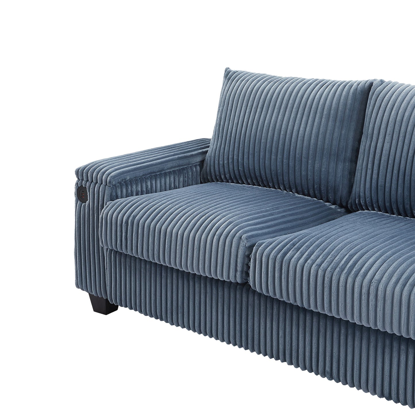 Modern 4 Seater Corduroy Sofa Couch With USB Ports, Hidden Storage, Flip Top Cup Holders - Blue