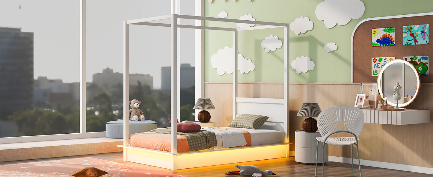 Twin Size LED Canopy Bed, Canopy Platform Bed With Support Slats, No Box Spring Needed - White