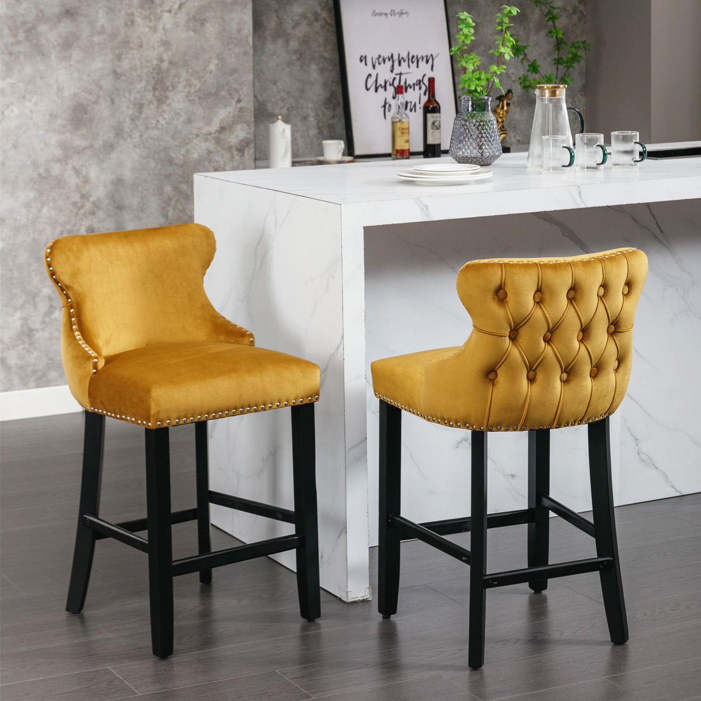 Contemporary Velvet Upholstered Wing-Back Barstools With Button Tufted Decoration And Wooden Legs, And Chrome Nailhead Trim, Leisure Style Bar Chairs, Bar Stools (Set of 4) - Gold